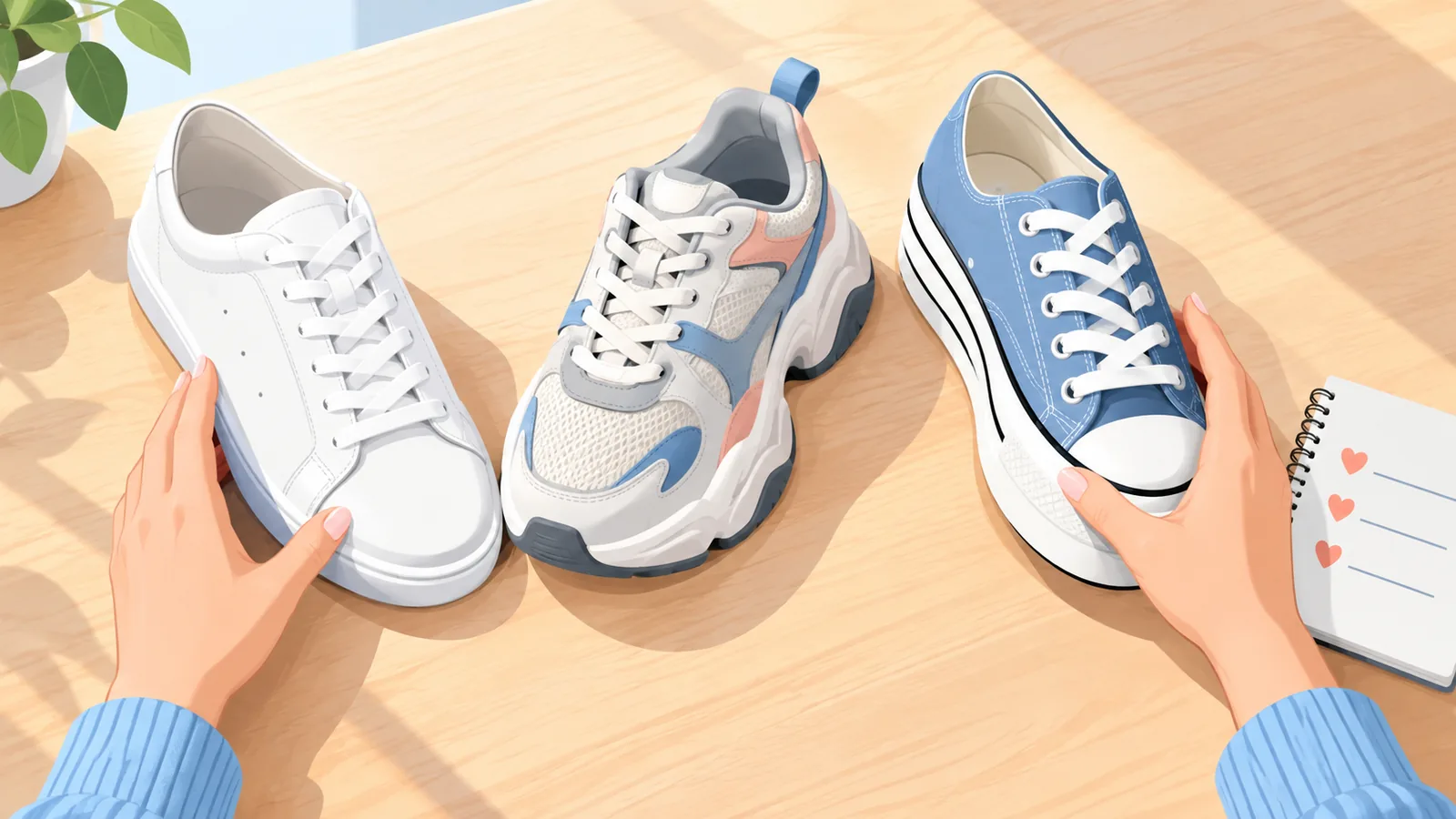 Donna che confronta diverse sneaker su un tavolo prima dell’acquisto