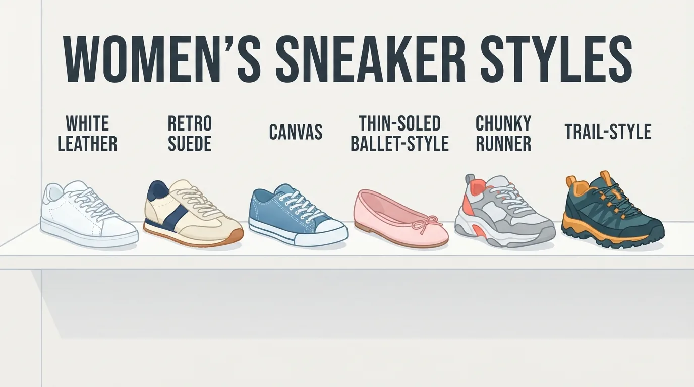 Sneaker di stili diversi allineate su una mensola
