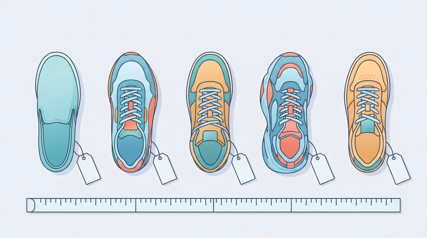 Sneaker e cartellini con misure e prezzi per il confronto
