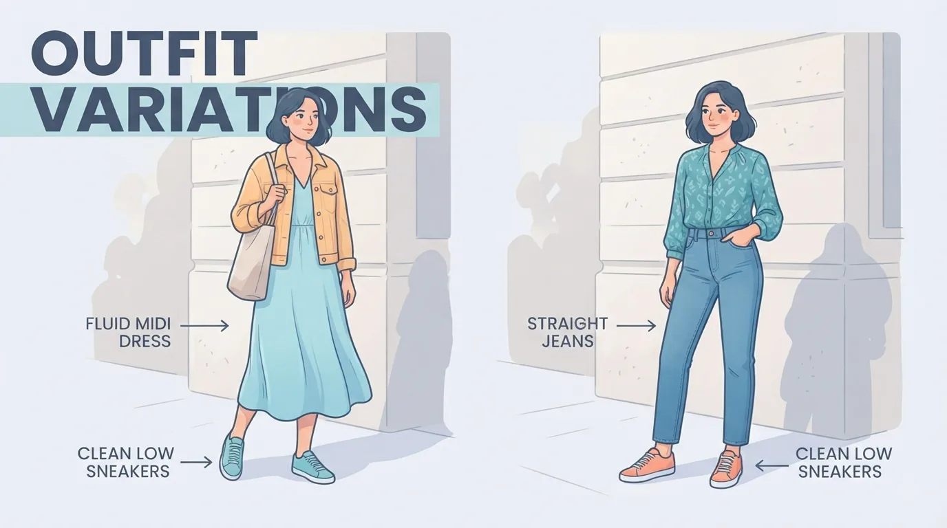 Look urbano con sneaker, jeans dritti e abito fluido