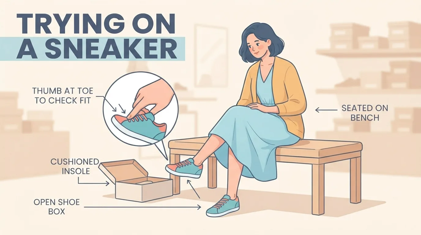 Donna che prova una sneaker in negozio e controlla la misura