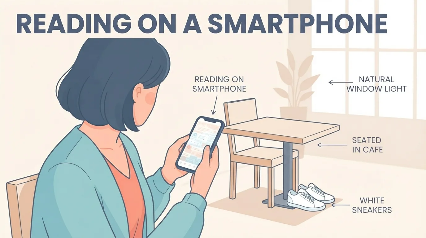 Donna che legge informazioni su sneaker con lo smartphone