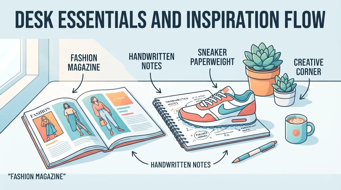 Appunti e rivista di moda sulla scrivania con una sneaker