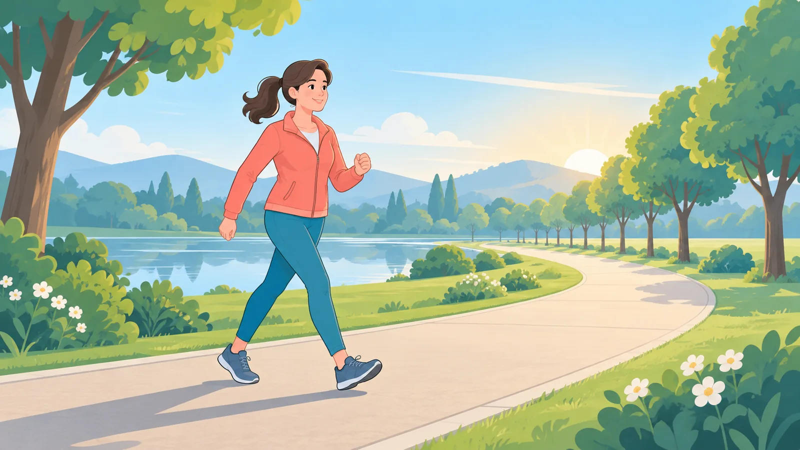 Persona che cammina a passo svelto in un parco al mattino