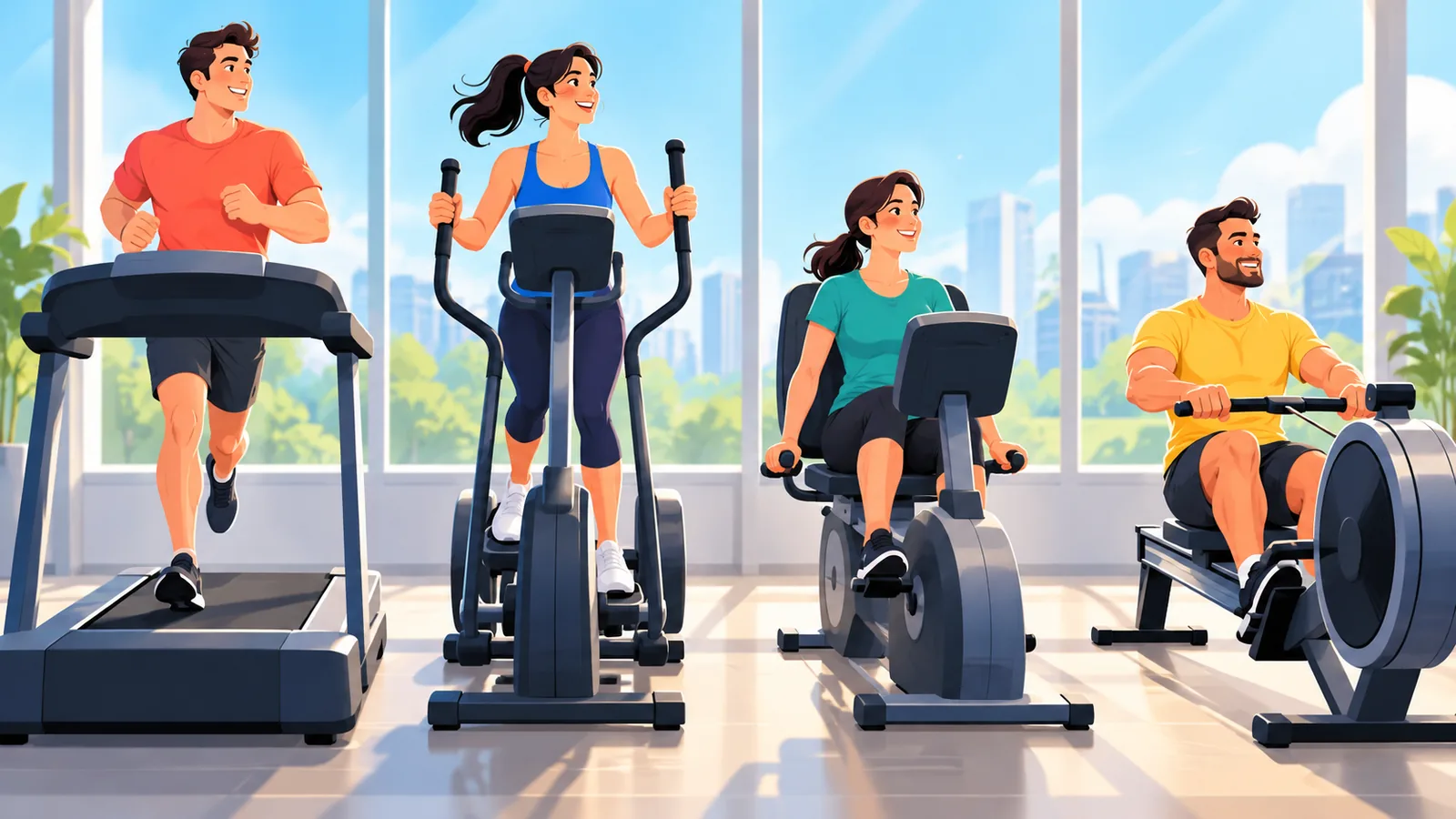 Fila di macchine cardio in una palestra luminosa