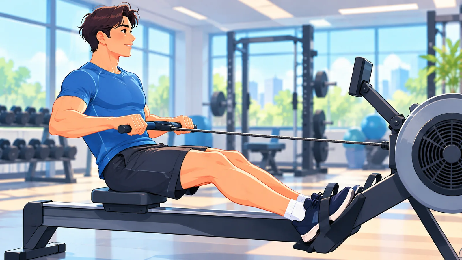 Persona che usa un vogatore in palestra