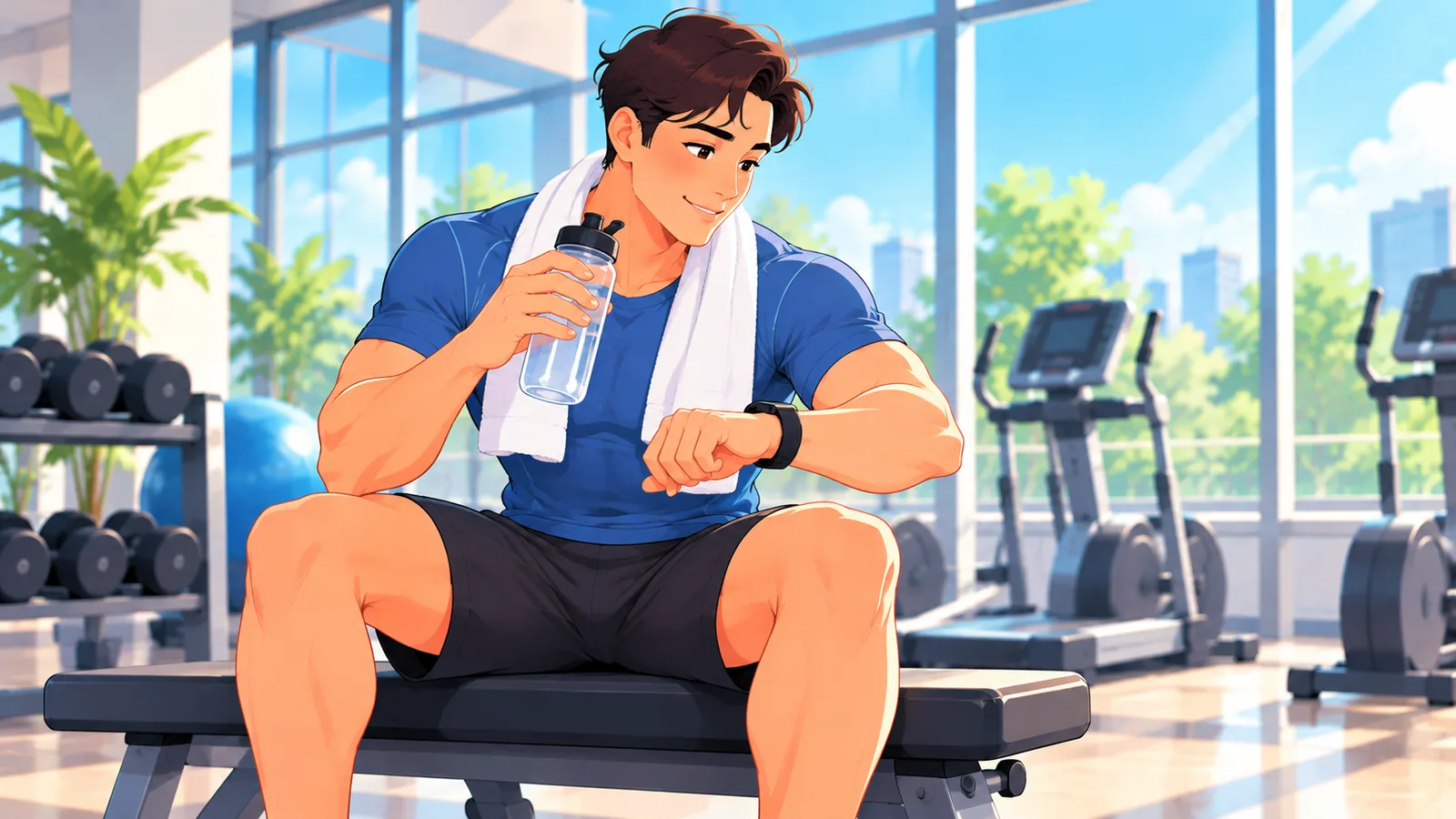 Persona che si riposa in palestra e controlla il tracker