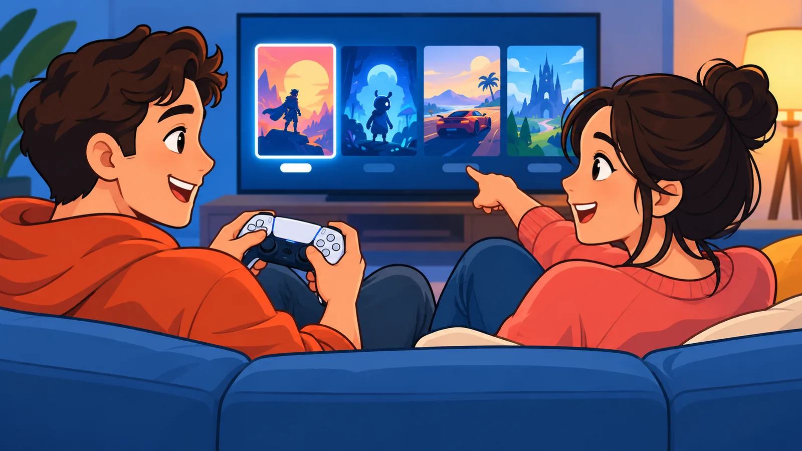 Due amici sul divano guardano la libreria giochi sulla TV