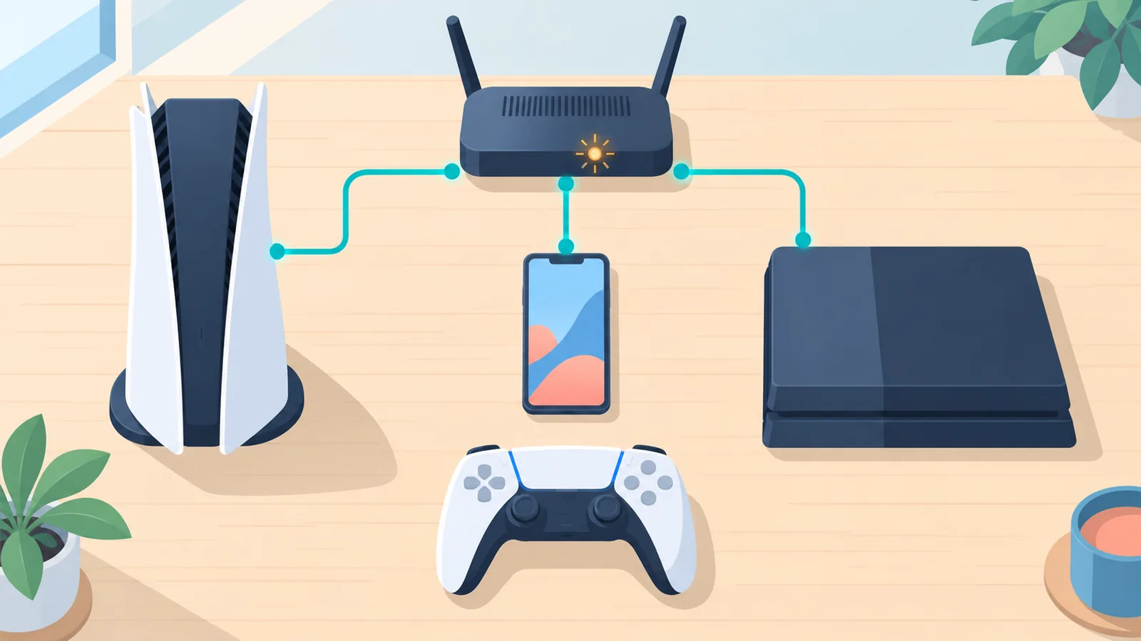 Scrivania con PS5, PS4, controller e router pronti per la configurazione