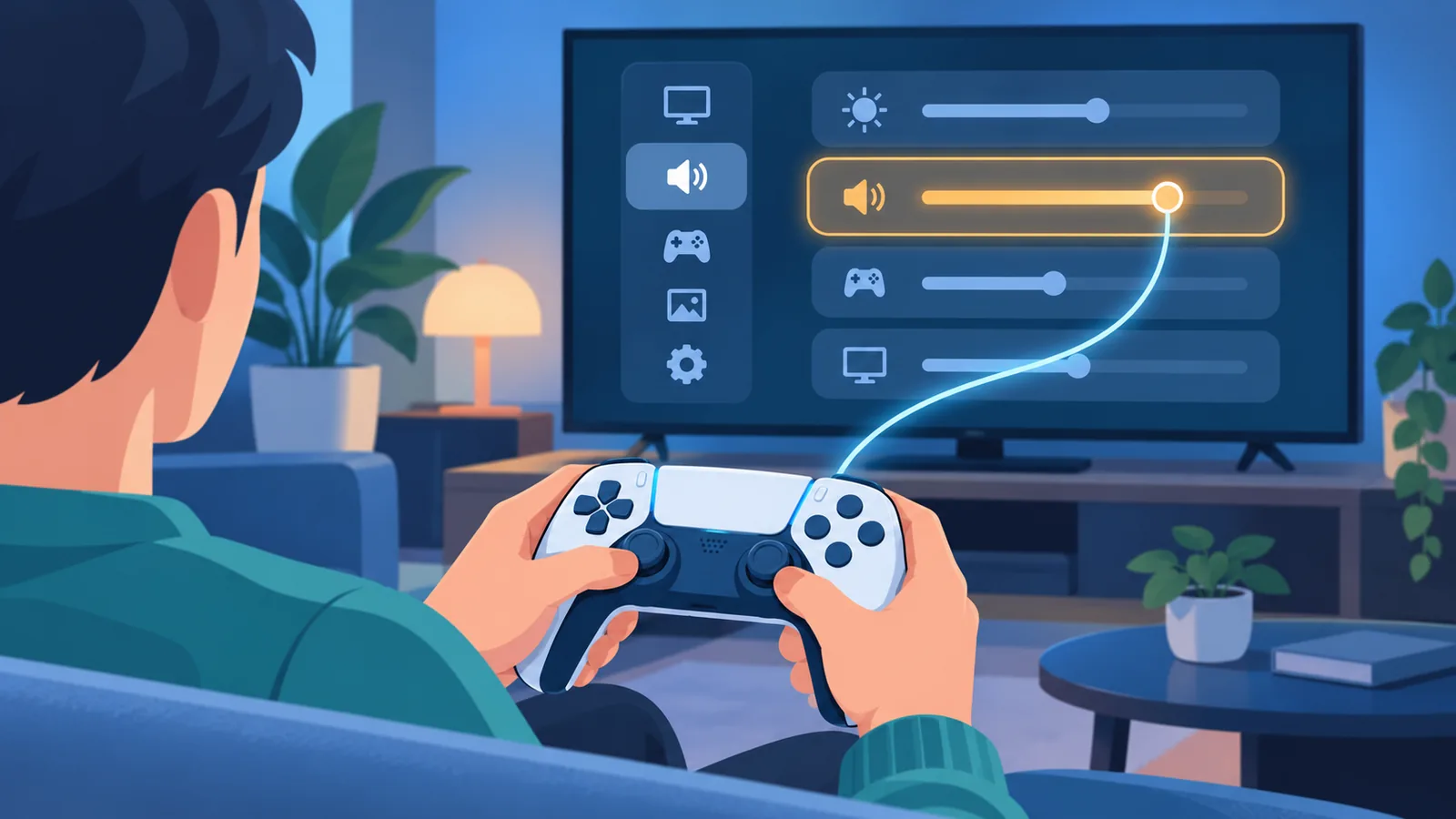 Giocatore con controller davanti al menu impostazioni della PS5