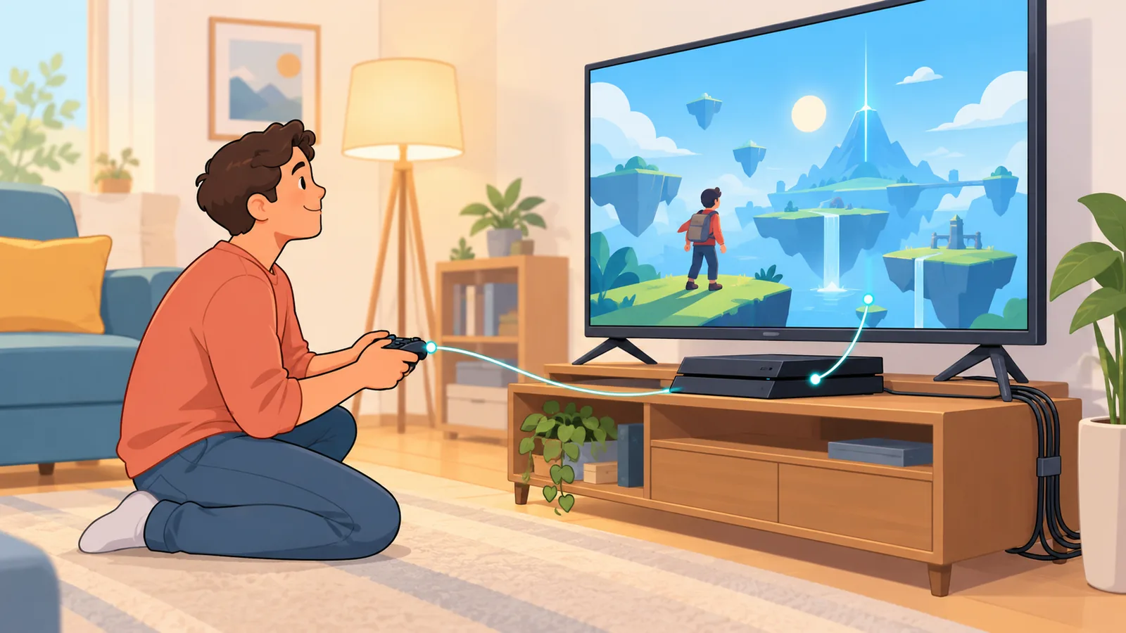 Persona accanto a una PS4 mentre configura la console principale