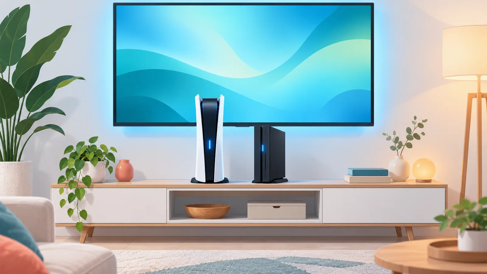 PS5 e PS4 affiancate sotto la TV in un soggiorno