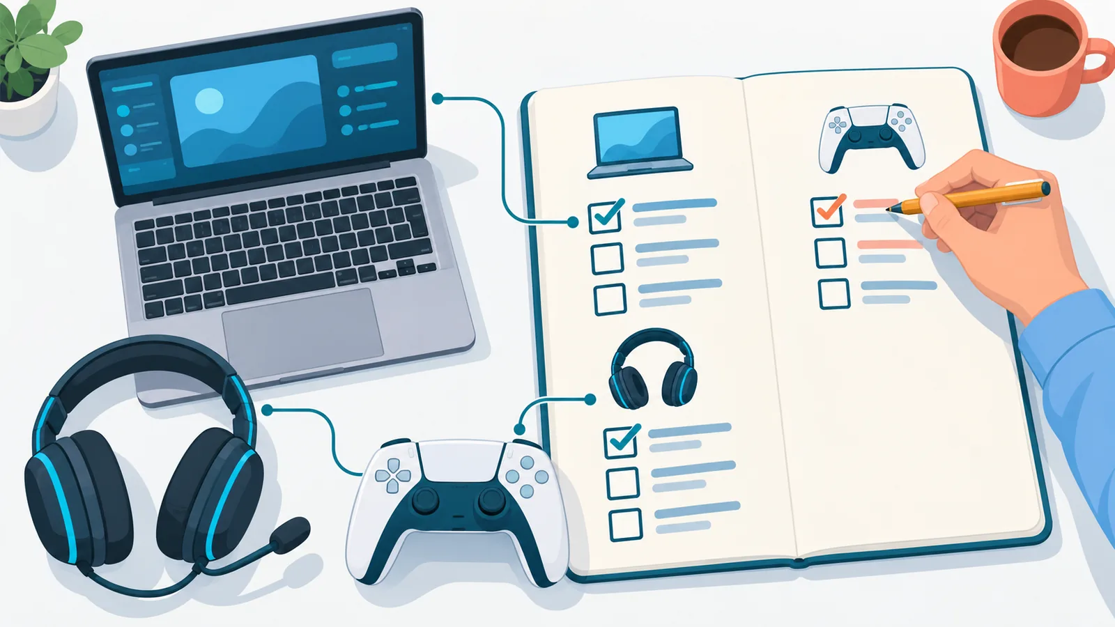 Tavolo con laptop, cuffie e appunti su cosa si condivide con PS Plus