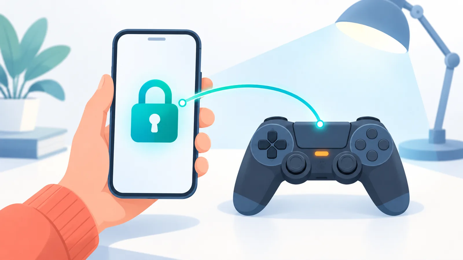 Smartphone con lucchetto accanto al controller per la sicurezza dell’account