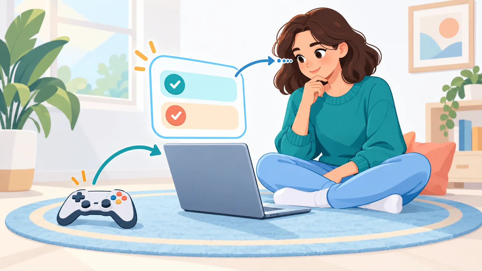 Ragazza con laptop e controller che legge le risposte alle domande frequenti