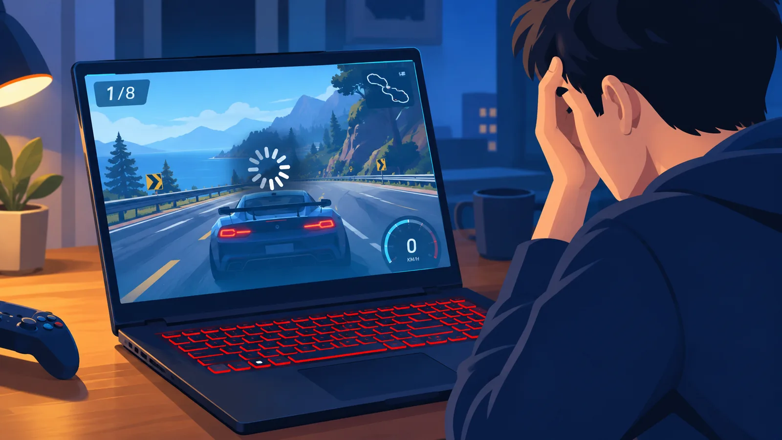 Gaming laptop con gioco bloccato su una scrivania di notte
