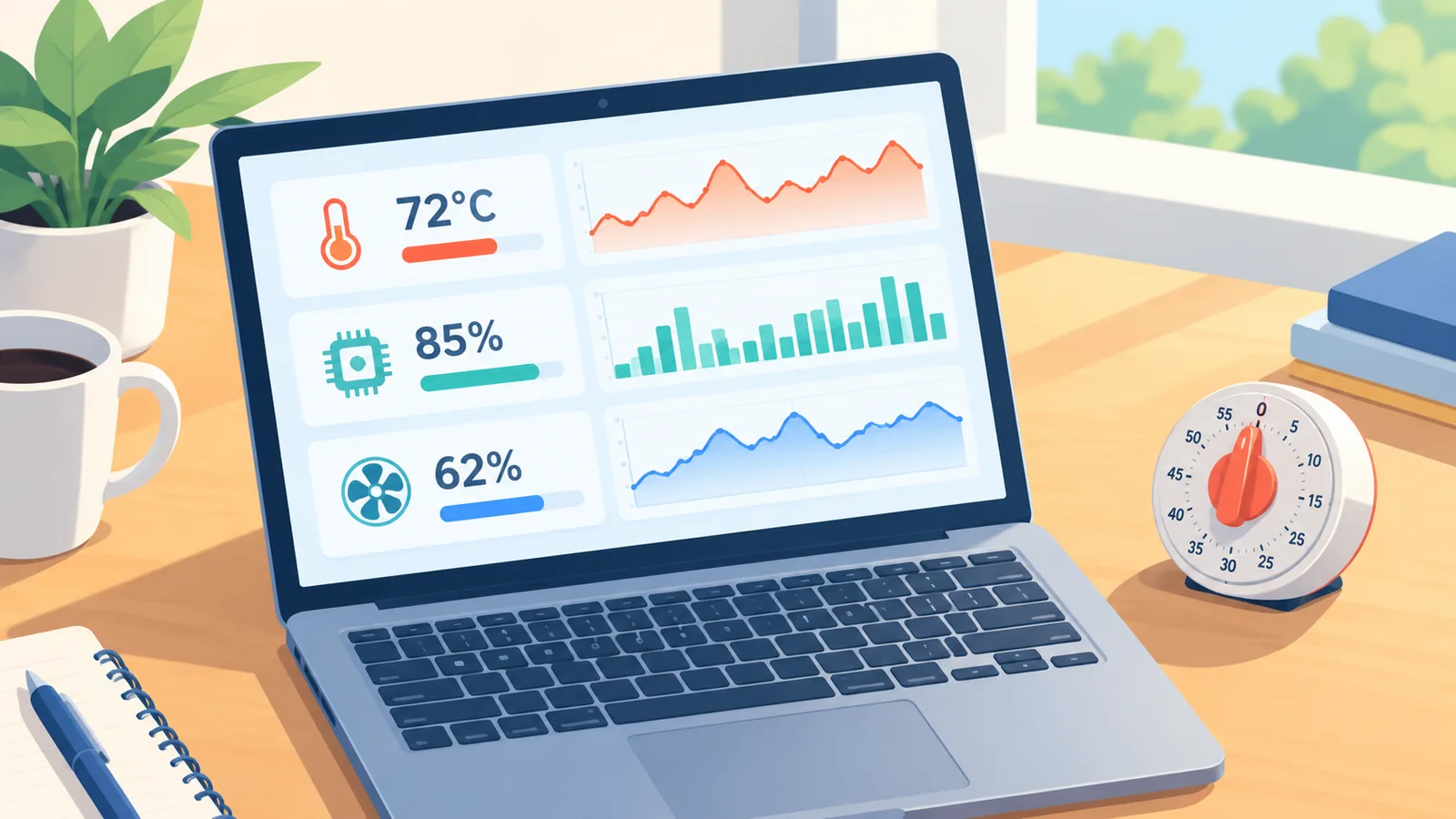 Portatile con grafici di temperatura e utilizzo accanto a un timer da cucina