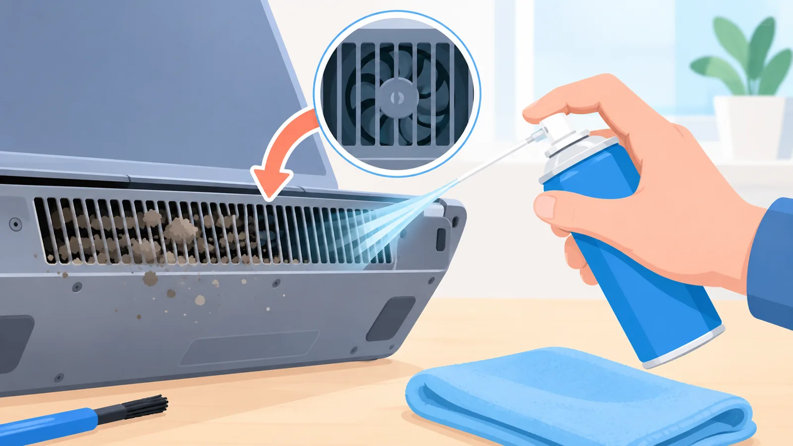 Griglie di raffreddamento polverose di un portatile con aria compressa