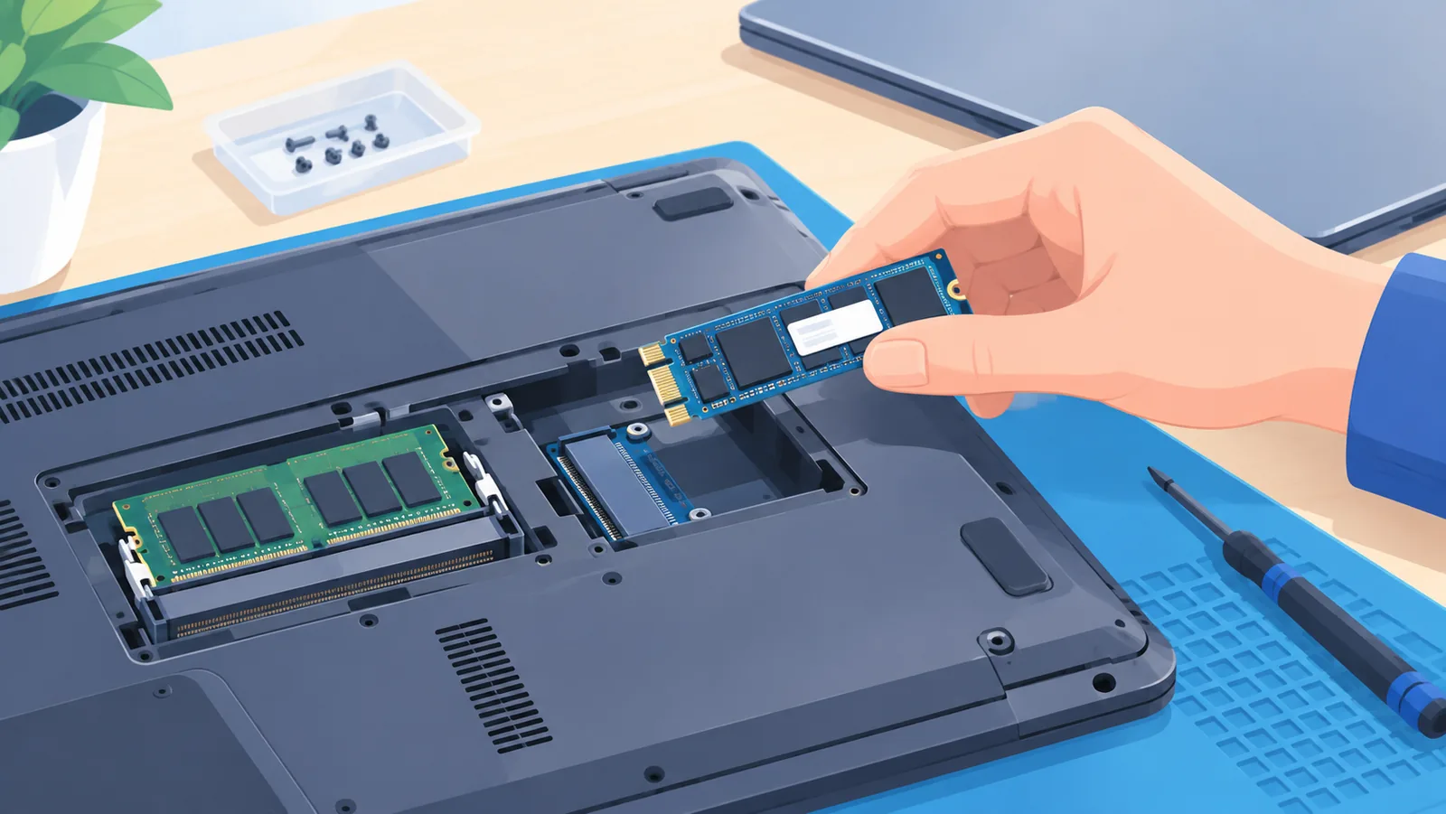 Sostituzione di SSD e RAM in un portatile aperto