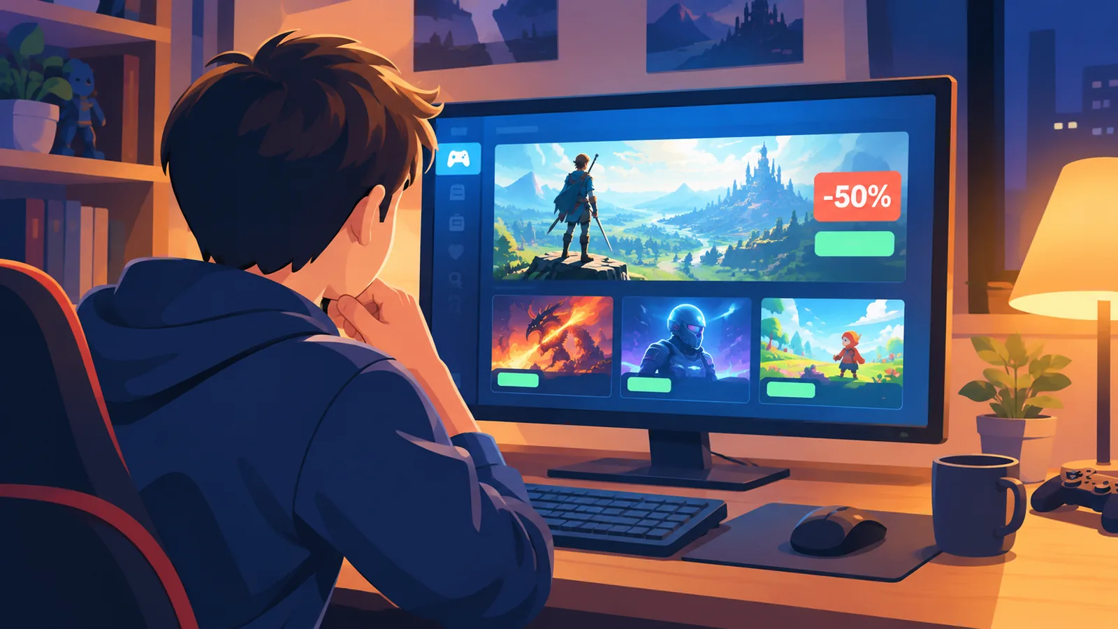 Persona che sfoglia il catalogo di giochi su un monitor