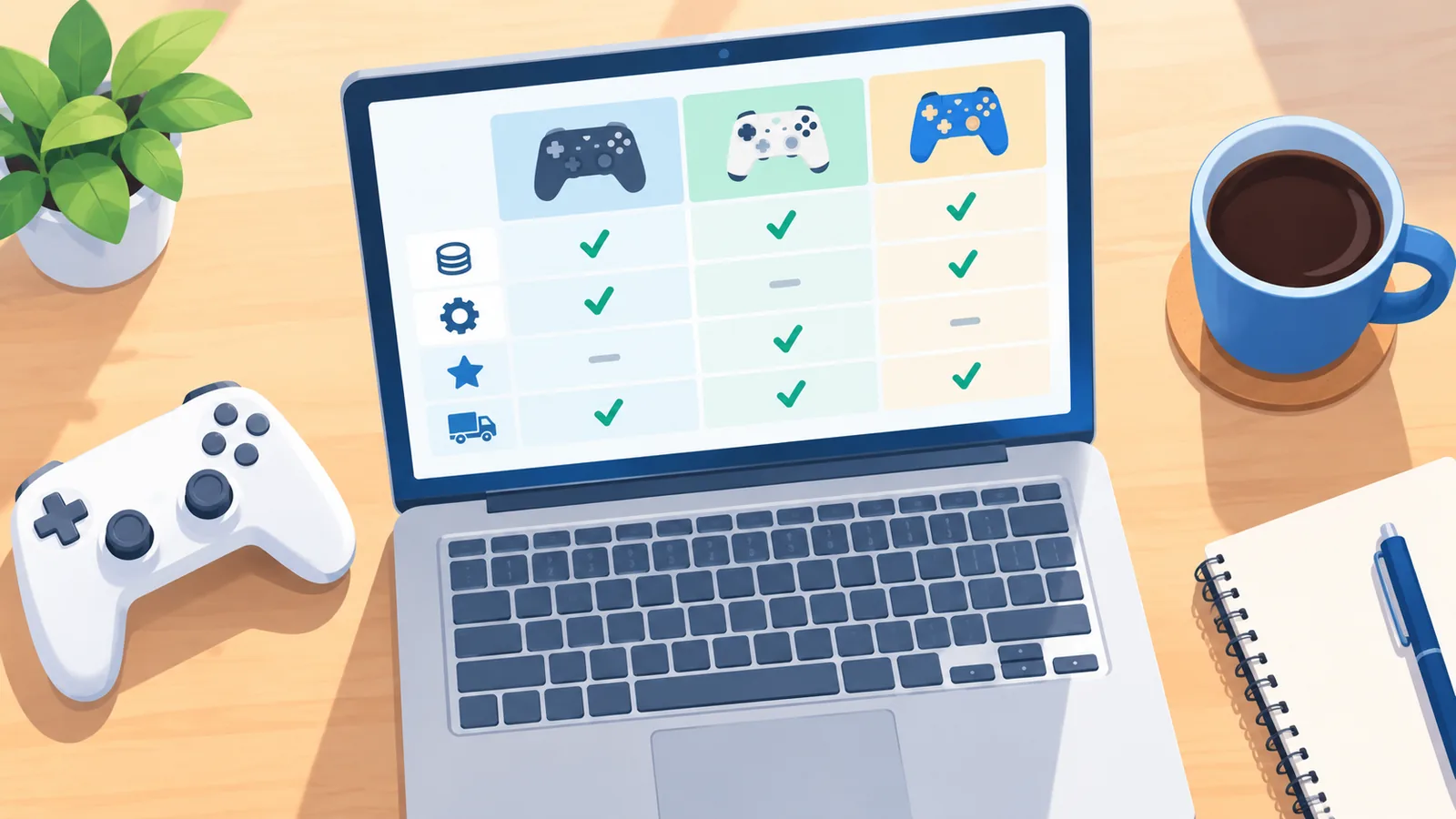 Scrivania con laptop e controller per confrontare i giochi