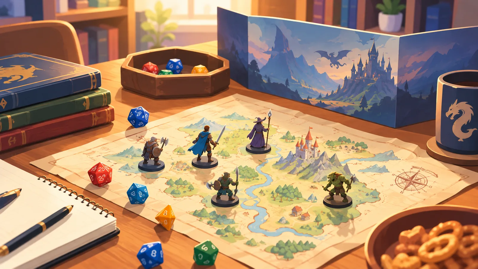 Dadi e miniature fantasy su un tavolo da gioco di ruolo