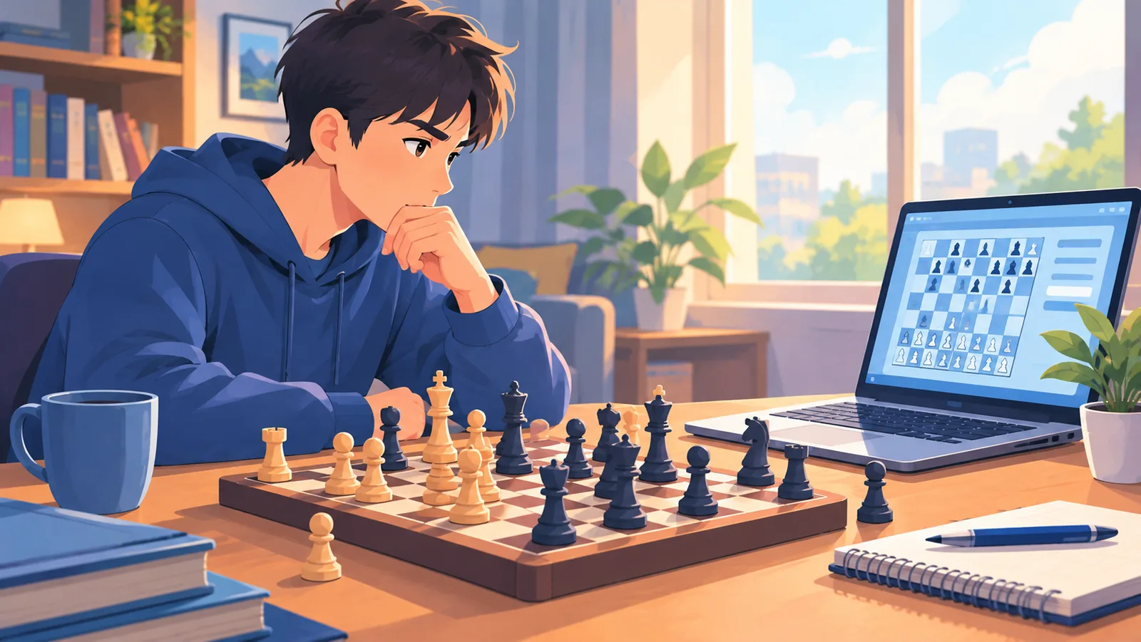 Giocatore concentrato davanti a un tavolo con pezzi strategici