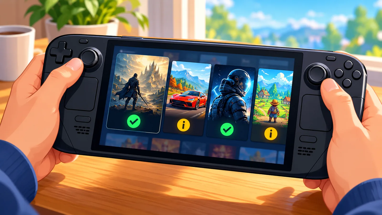 Mani che tengono uno Steam Deck con la libreria giochi e le etichette di compatibilità