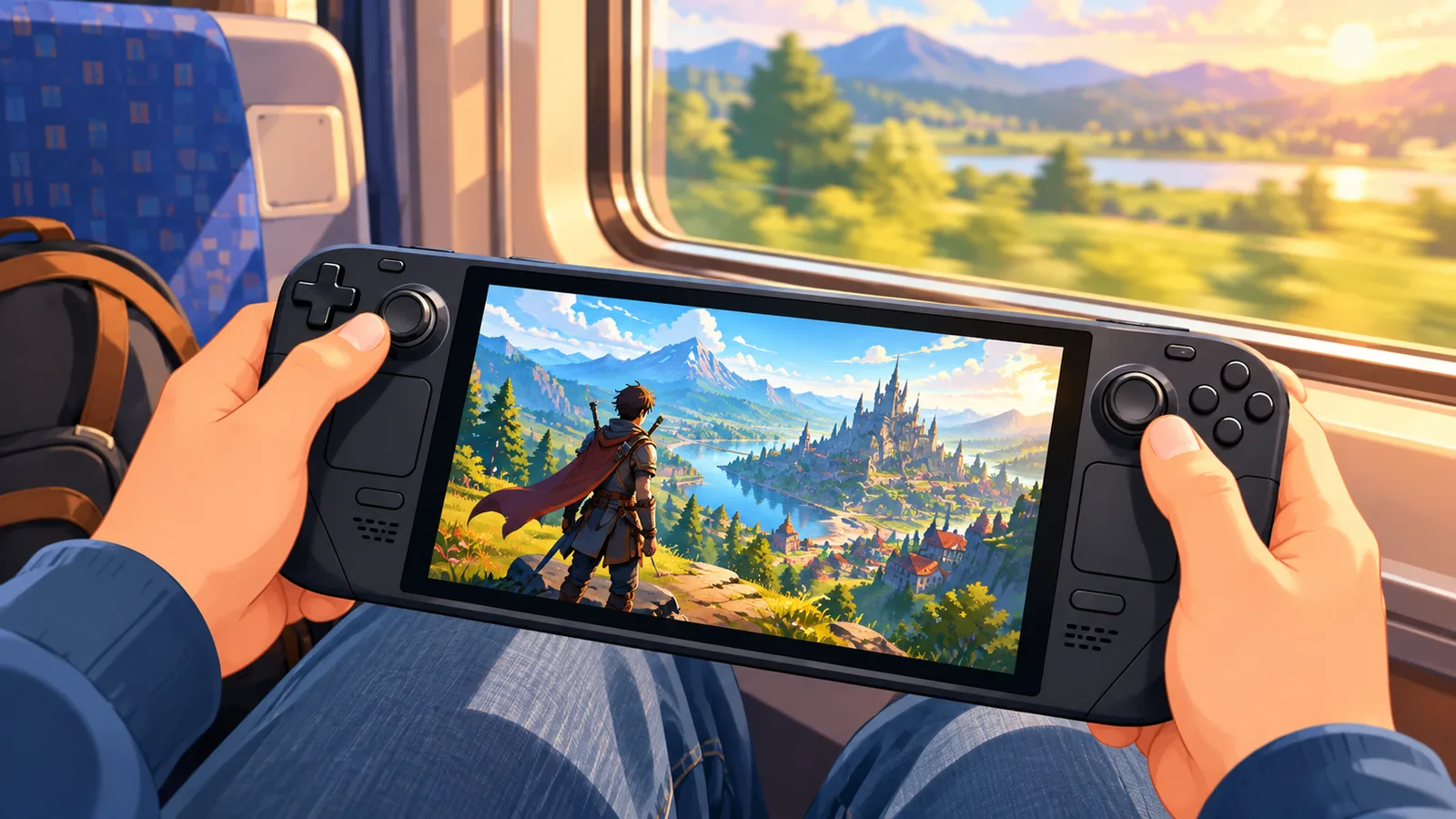 Steam Deck con un gioco di ruolo fantasy giocato in treno