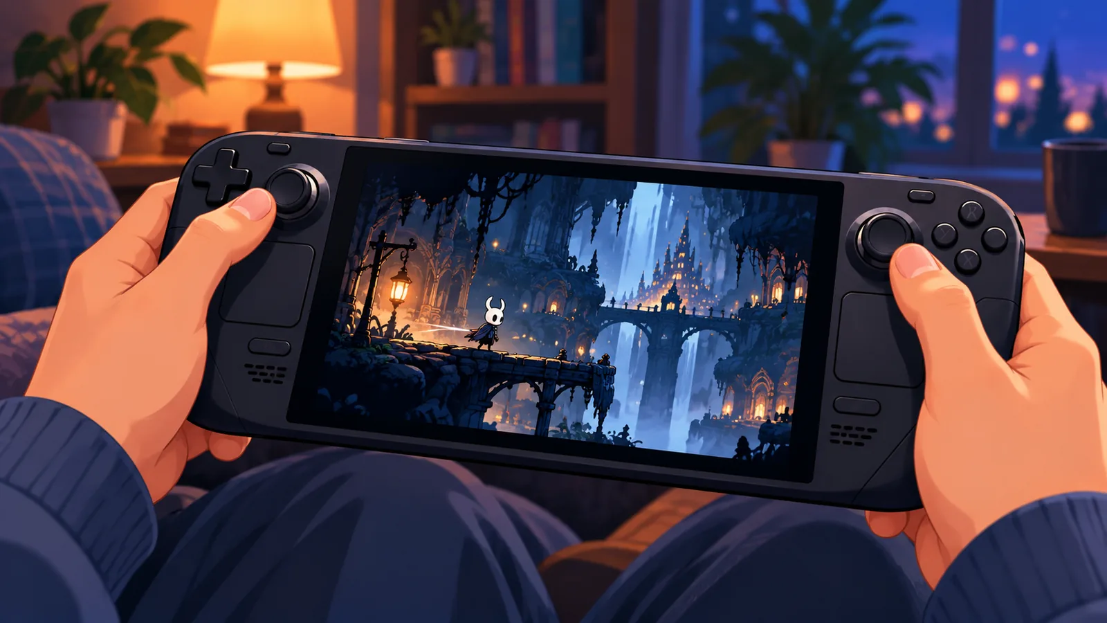 Giocatore concentrato su un gioco d'azione 2D con lo Steam Deck