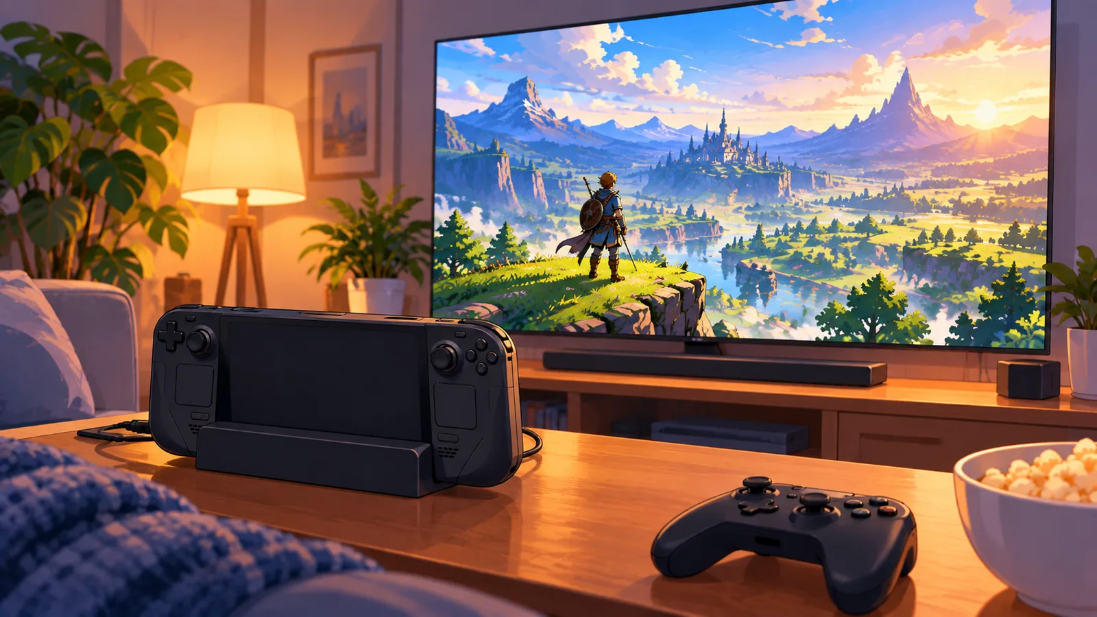 Steam Deck collegato al dock e a una TV in salotto
