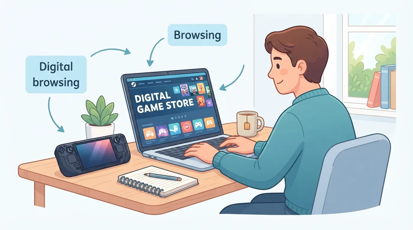 Persona che cerca offerte su uno store di giochi accanto a uno Steam Deck