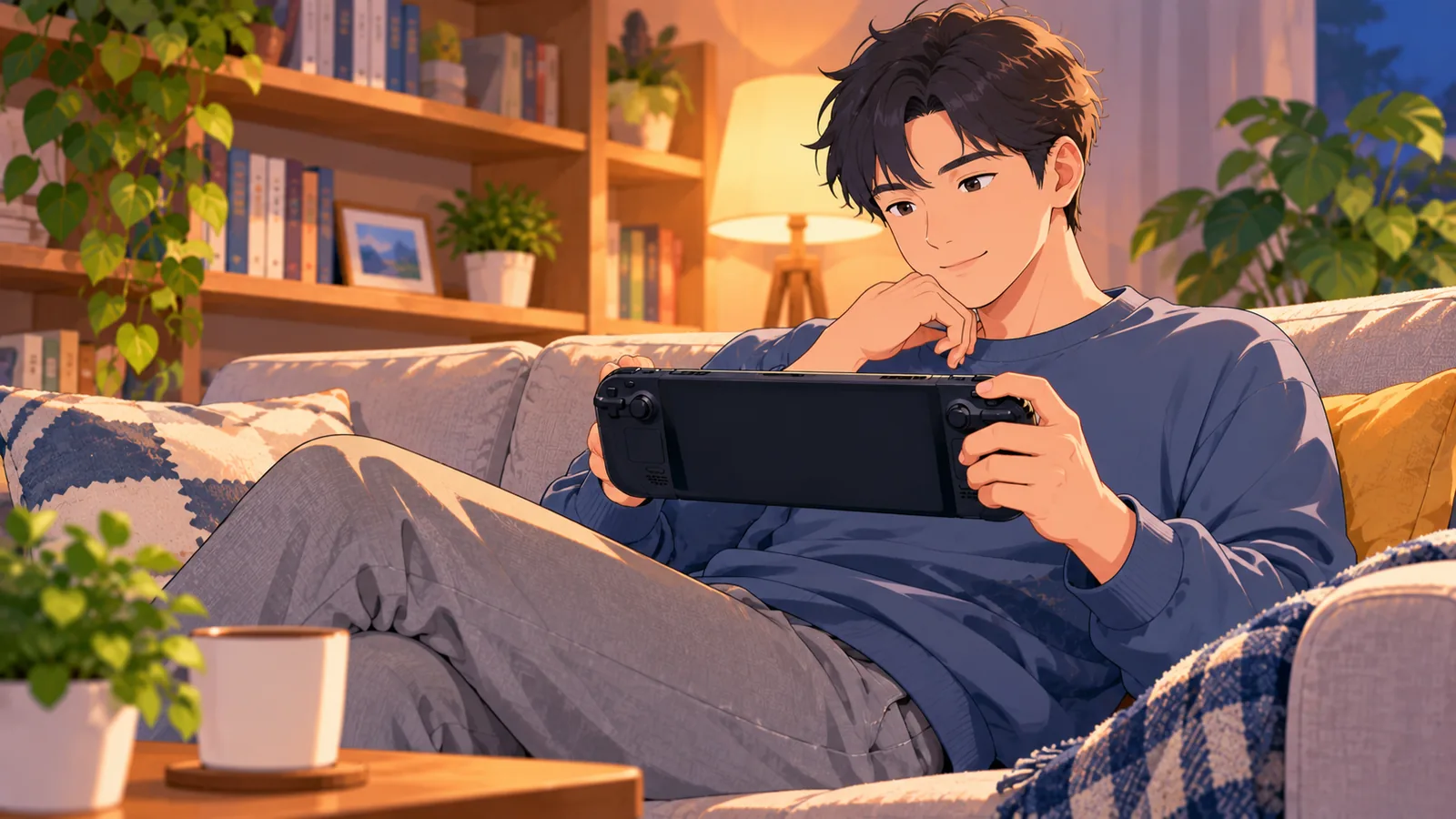 Persona sul divano con lo Steam Deck in mano mentre valuta quale gioco scegliere