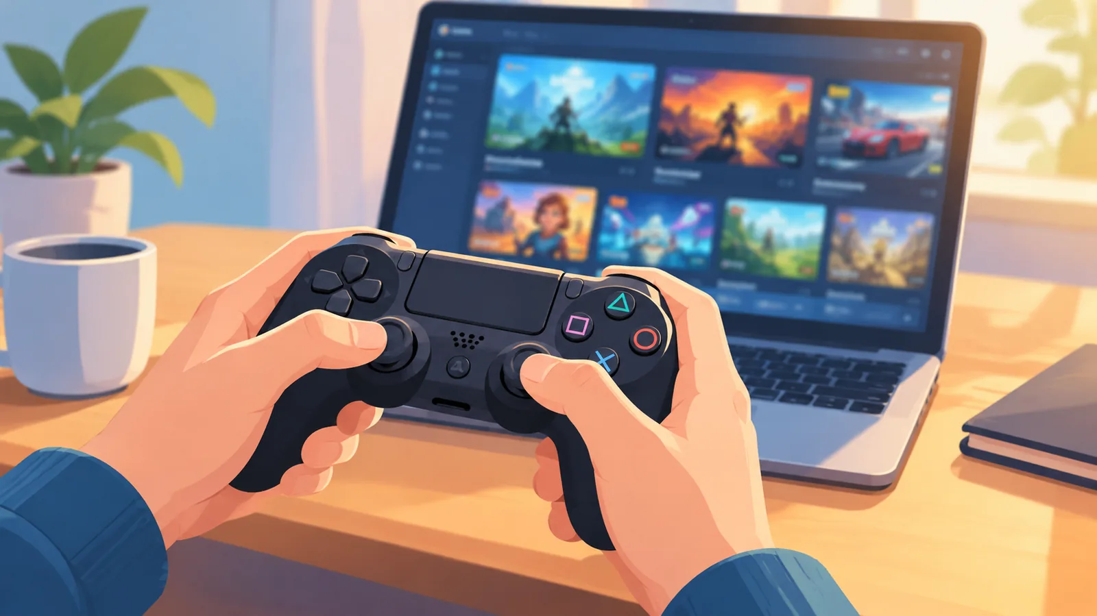 Mani che tengono un controller su una scrivania con un portatile che mostra una libreria di giochi