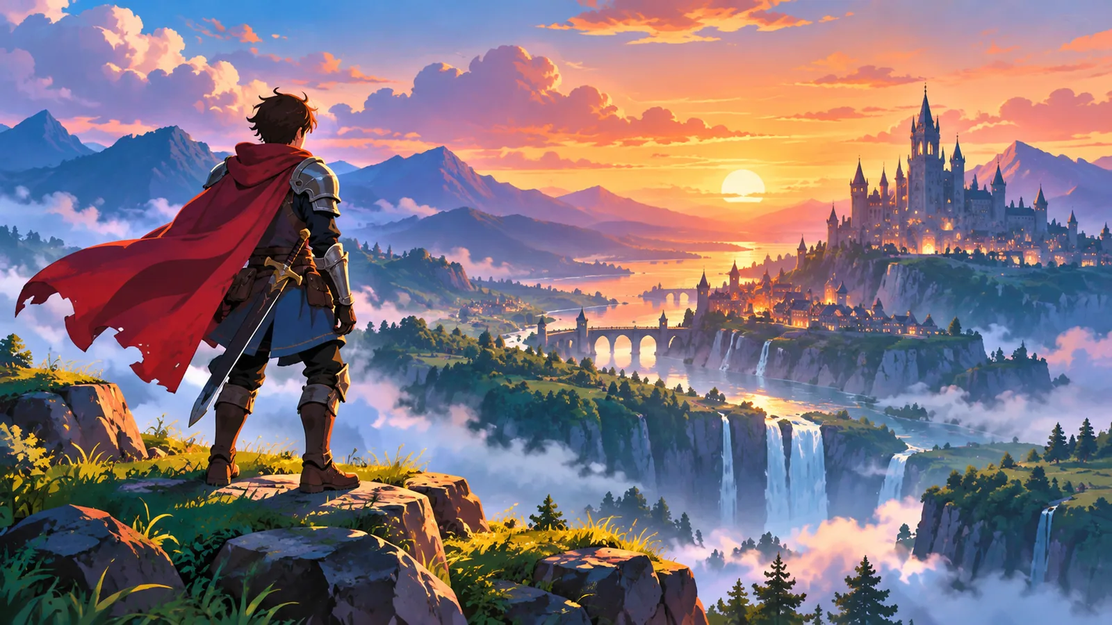 Viaggiatore in armatura su una scogliera davanti a una valle fantasy al tramonto