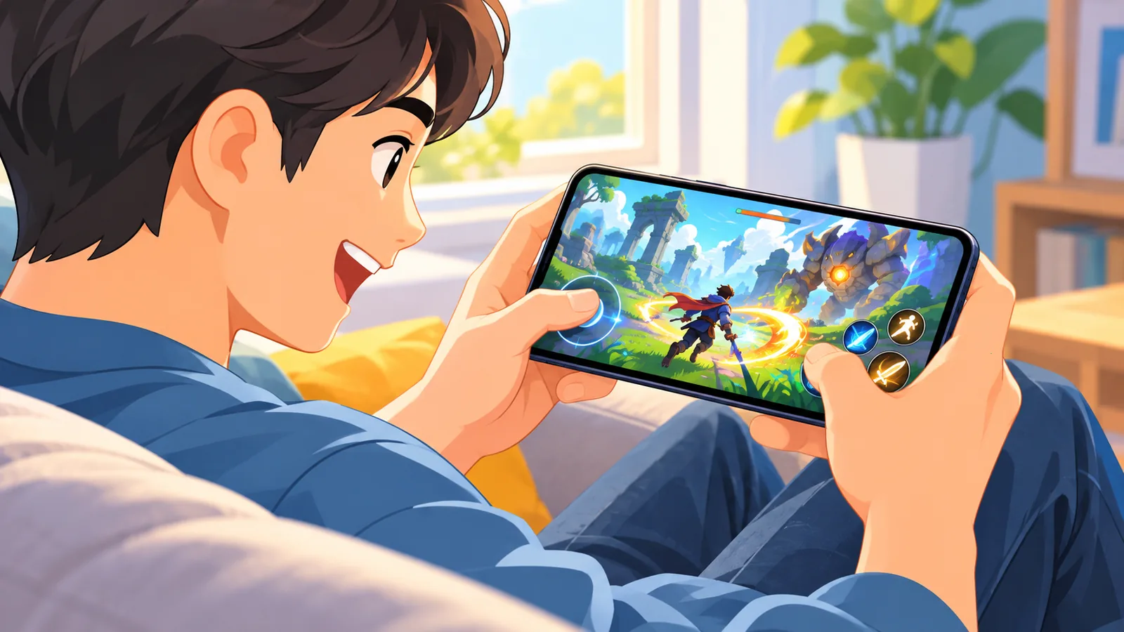 Persona che gioca in streaming a un titolo Xbox su iPhone in salotto