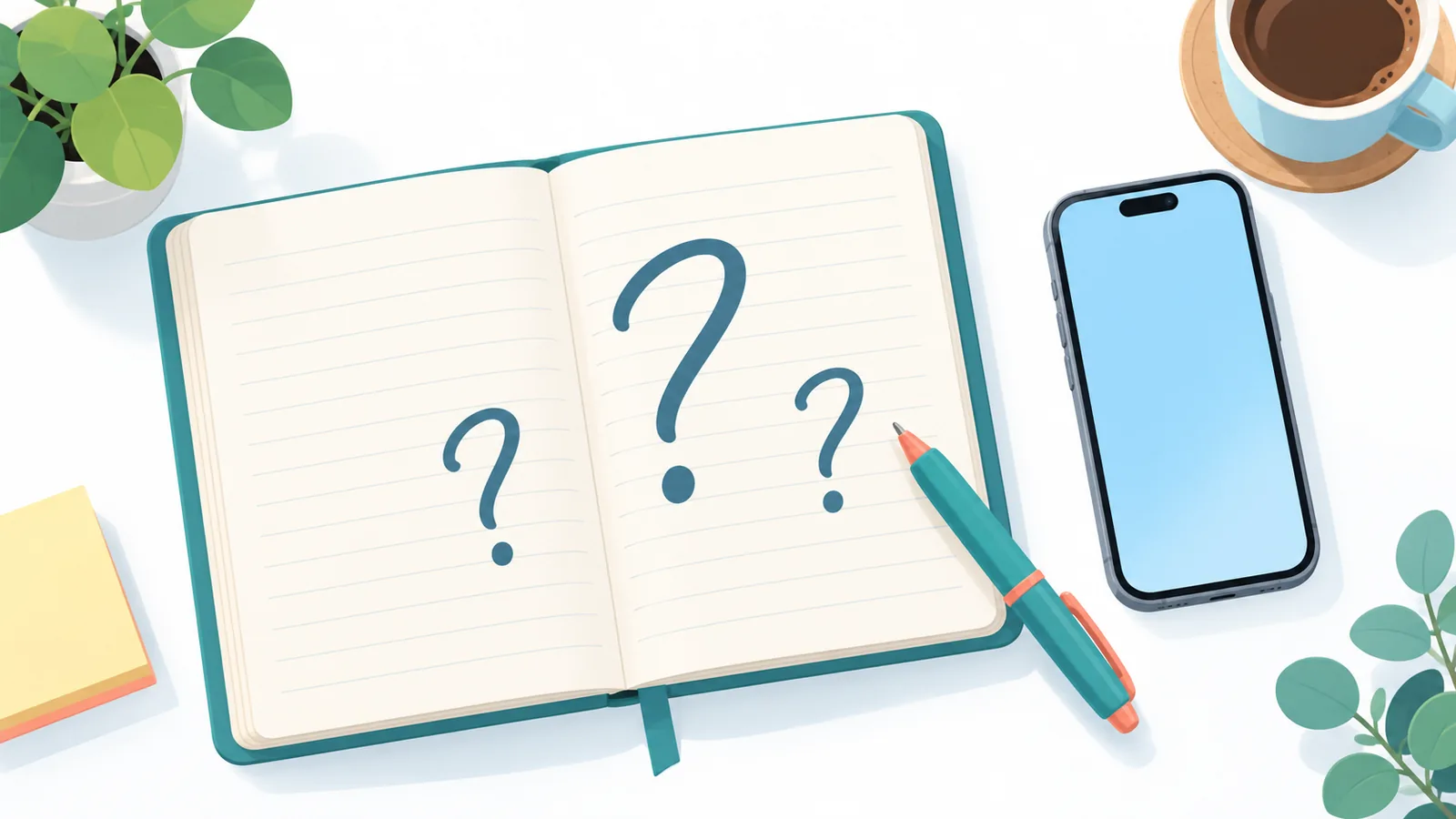 Quaderno con domande e iPhone sulla scrivania per le FAQ