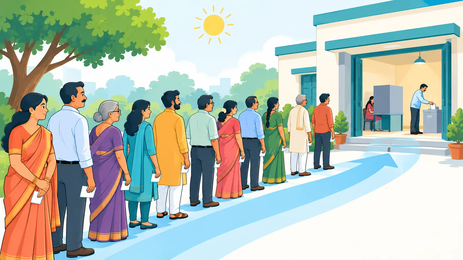 Elettori in fila davanti a un seggio in India