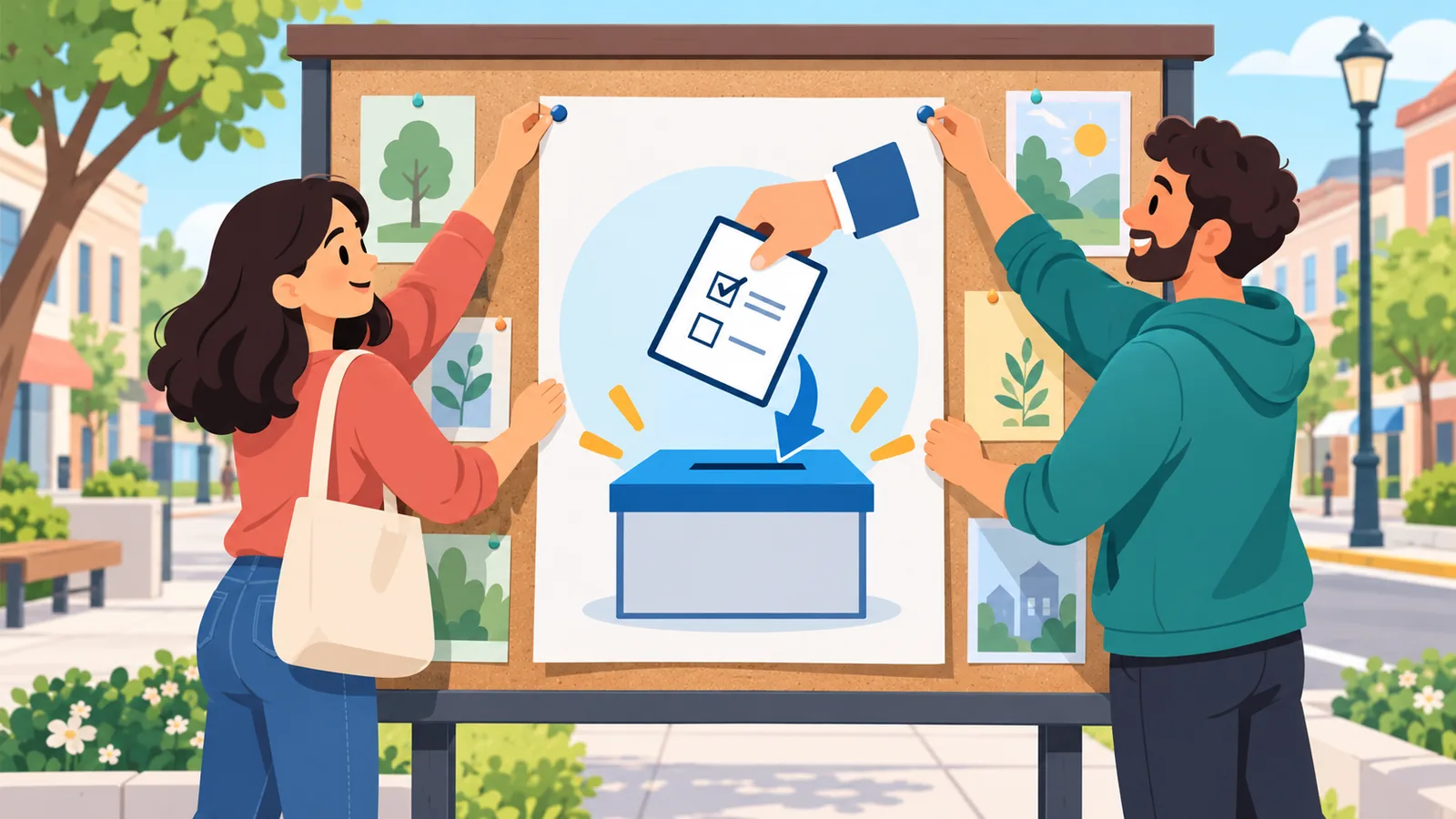 Volontari che espongono un poster informativo sul voto