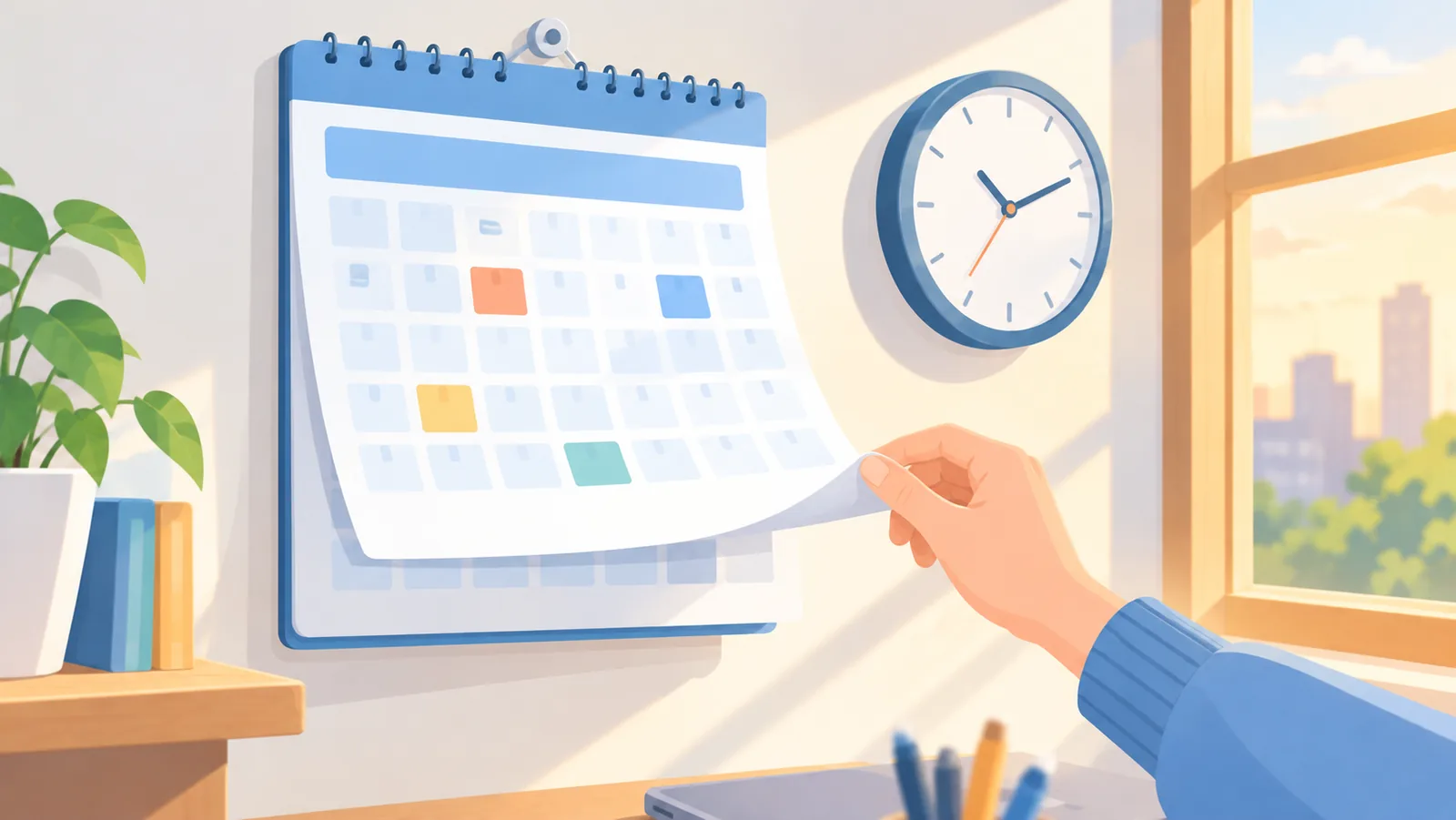 Calendario e orologio appesi a una parete di casa
