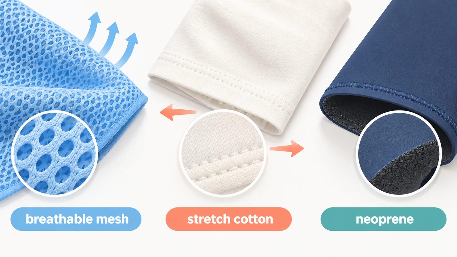 Campioni di tessuto traspirante, cotone elasticizzato e neoprene