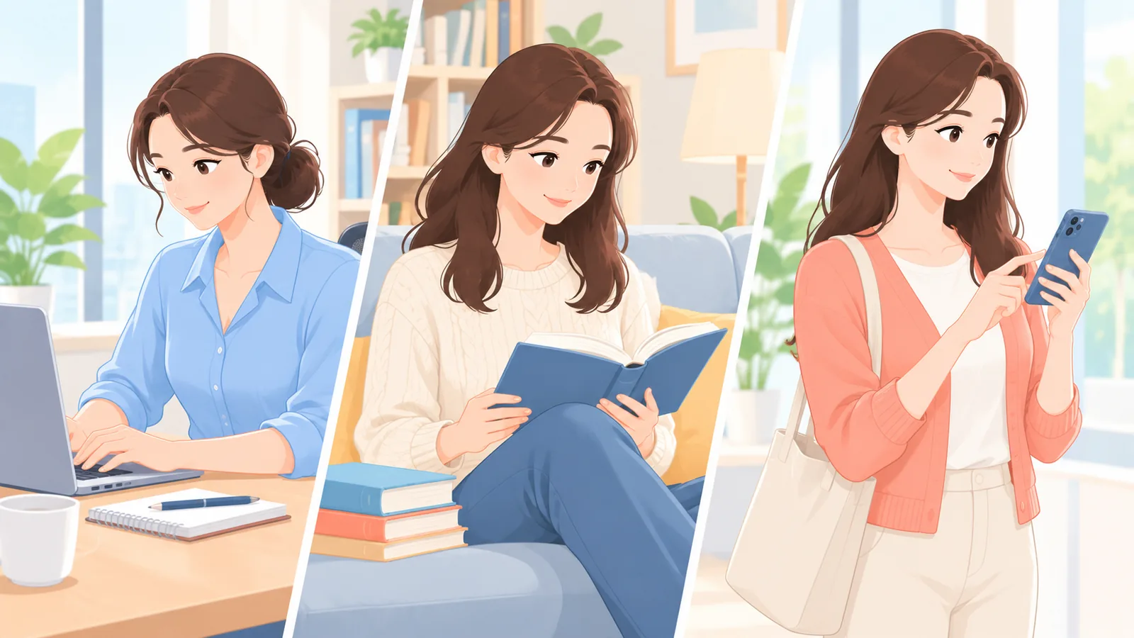 Donna in tre situazioni quotidiane: lavoro, studio e smartphone