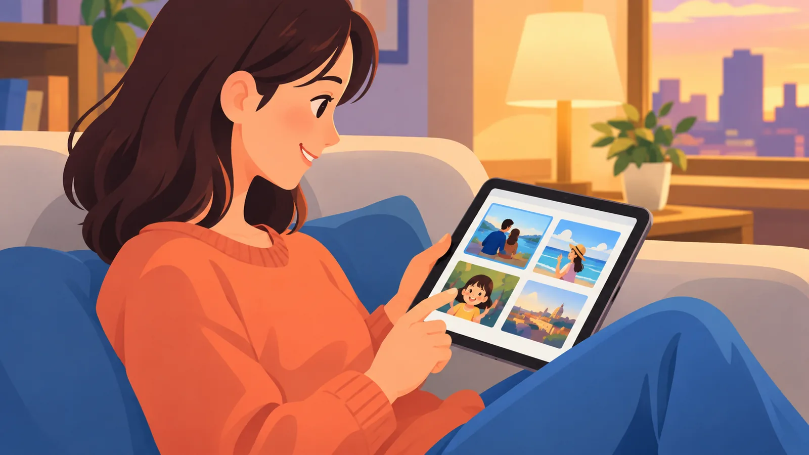 Persona che rivede vecchie foto su un tablet sul divano