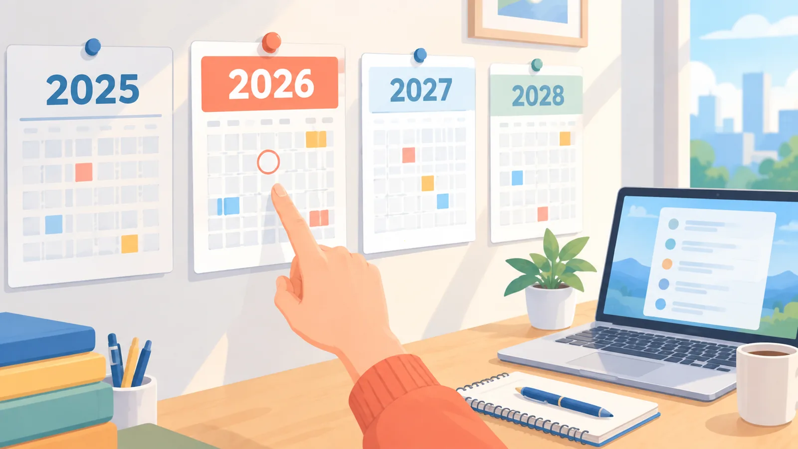 Calendario con più anni e una mano che indica un anno
