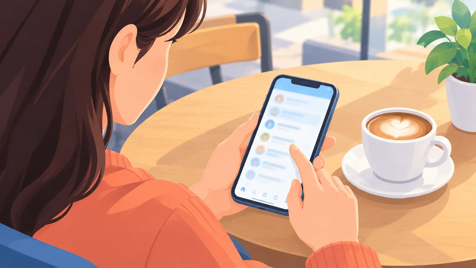 Persona al bar che digita sullo smartphone