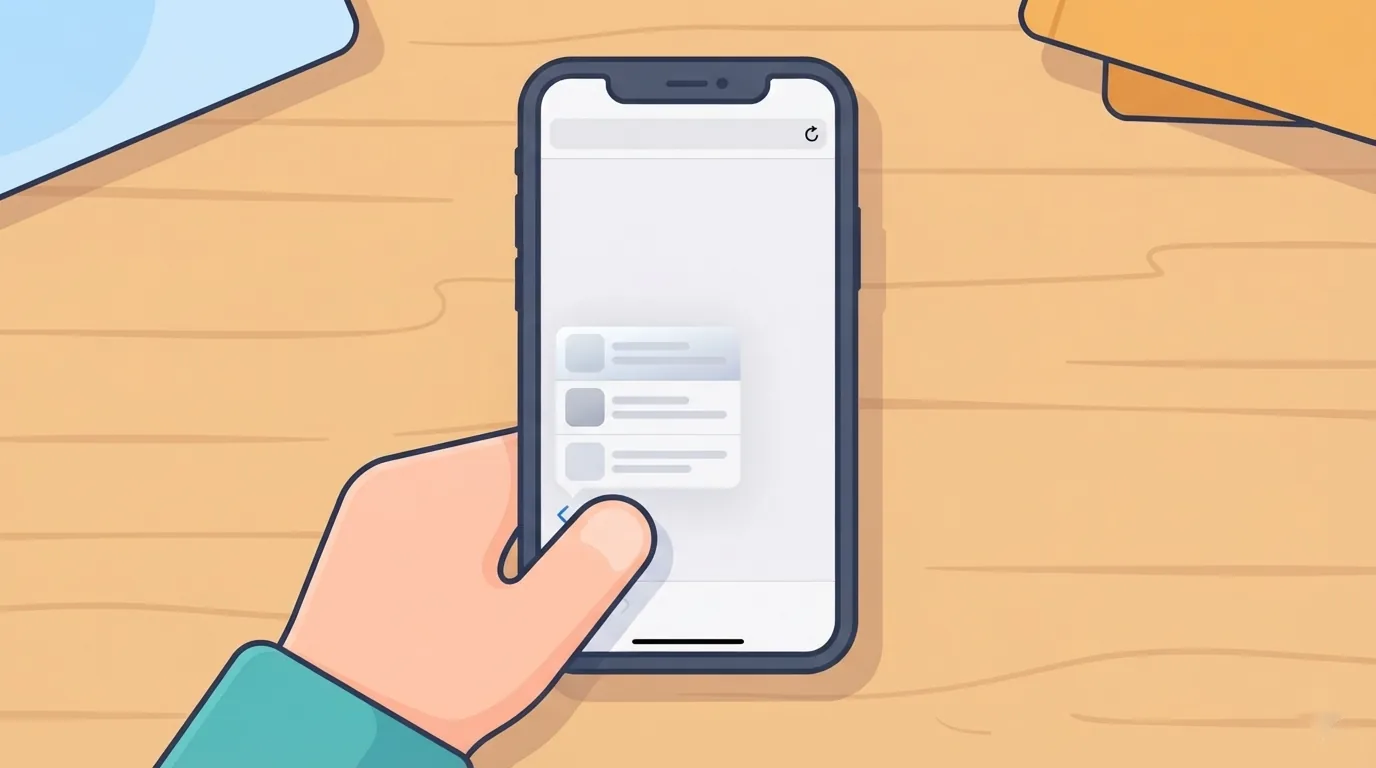 Pollice che tiene premuto il pulsante Indietro di Safari su iPhone