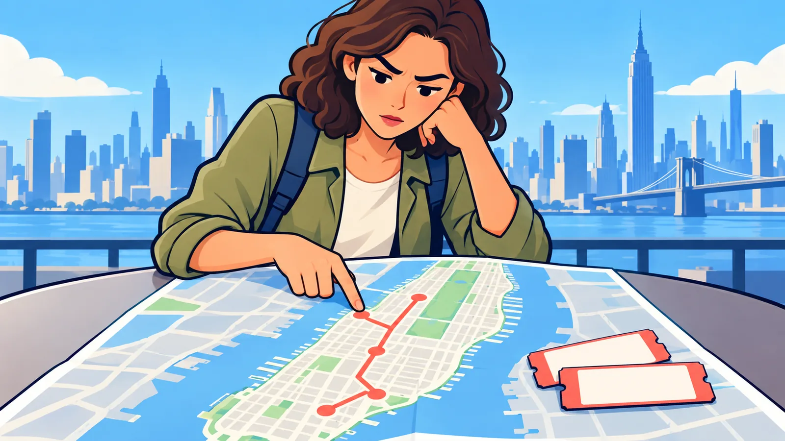 Viaggiatore che pianifica un percorso tra i musei di New York con mappa e biglietti