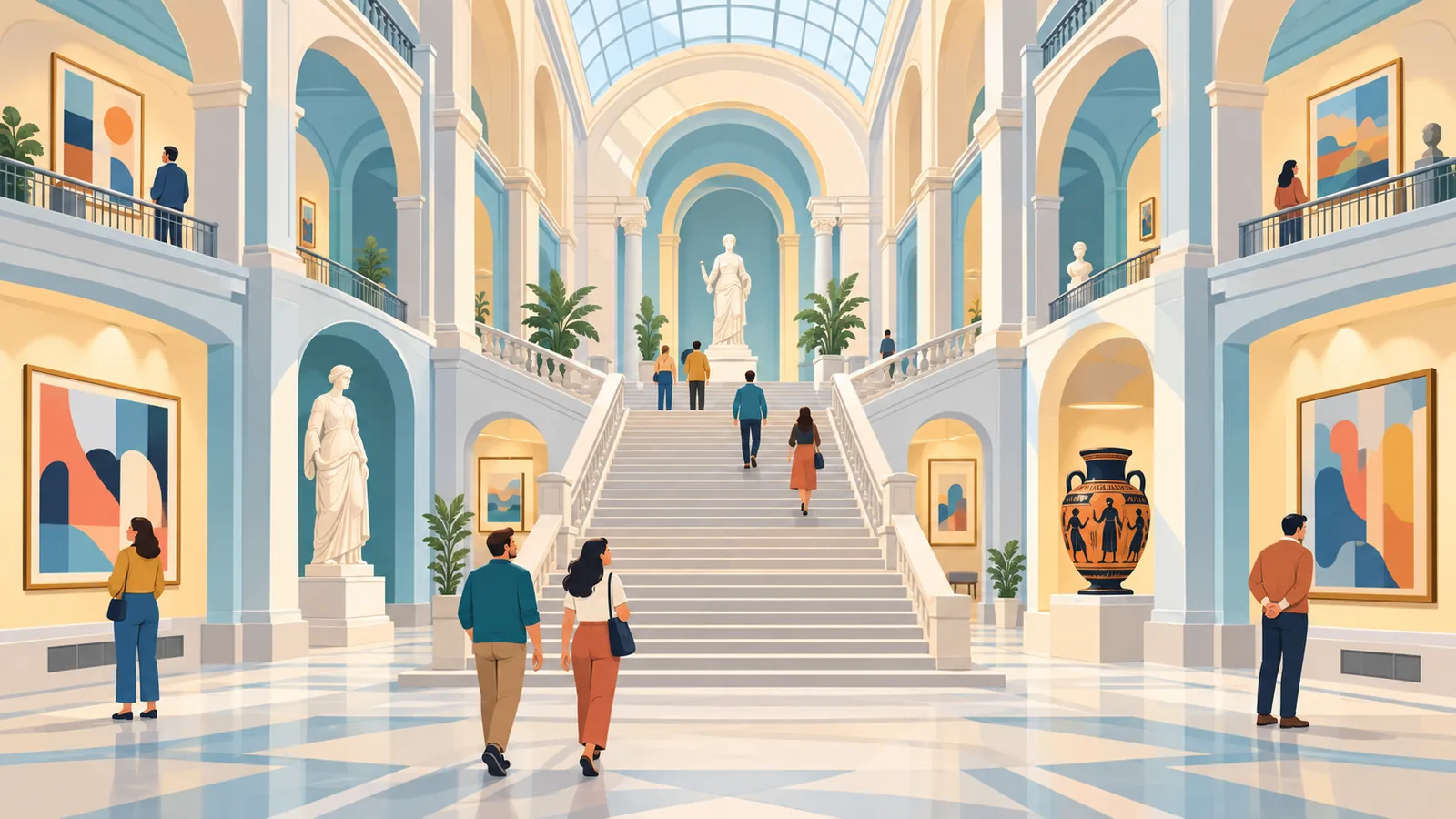 Ingresso monumentale di un grande museo d’arte con visitatori sulla scalinata