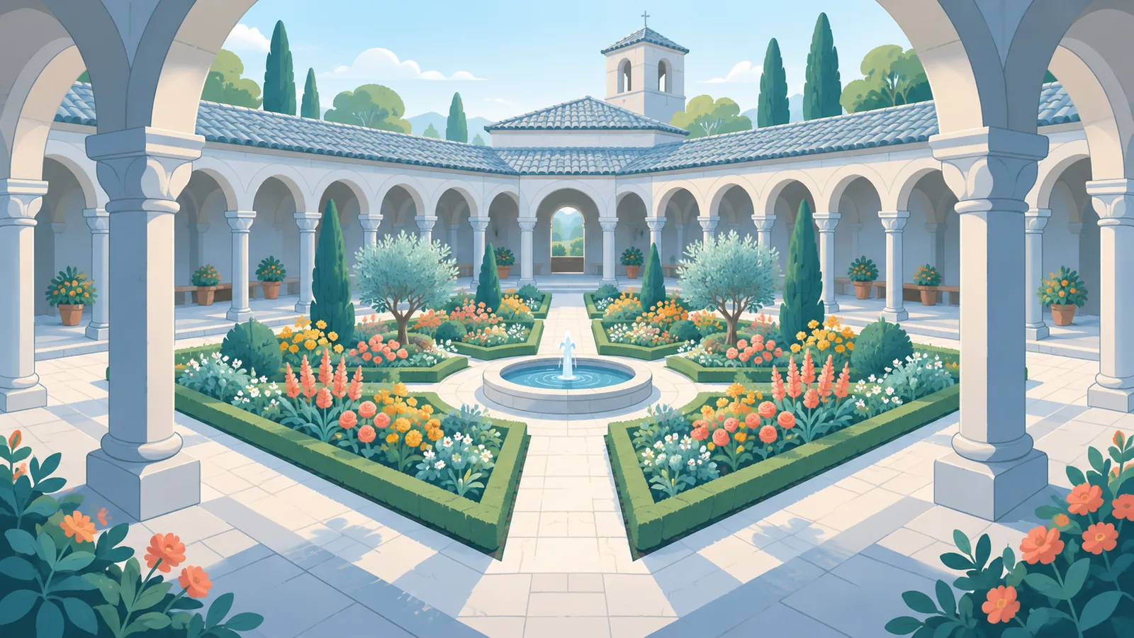 Chiostro medievale in pietra con giardino fiorito