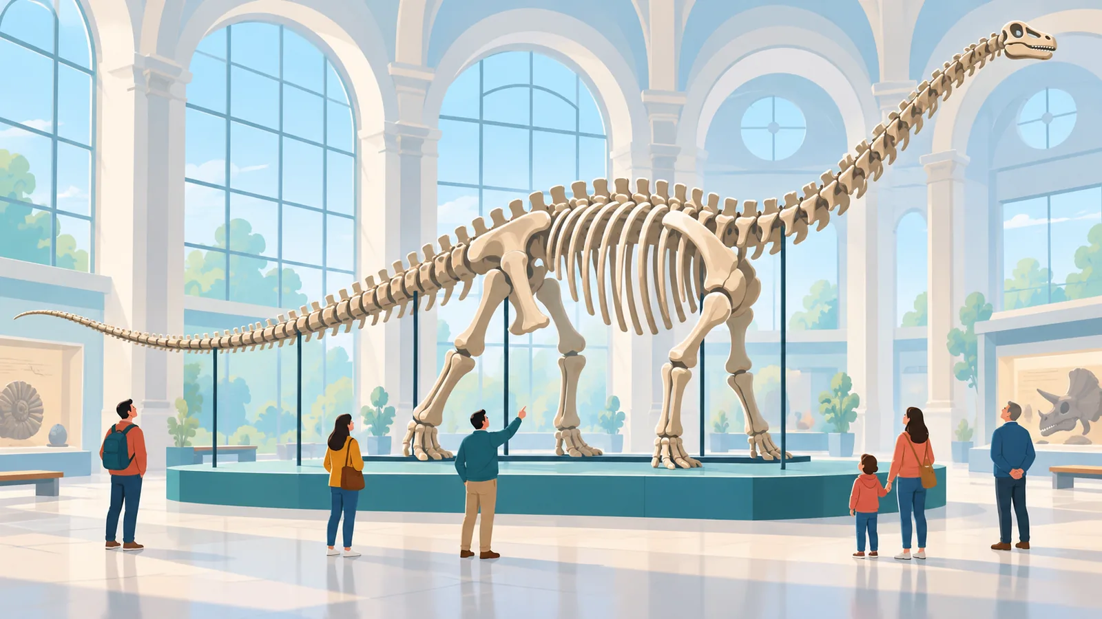 Visitatori davanti a uno scheletro di dinosauro in un museo di storia naturale